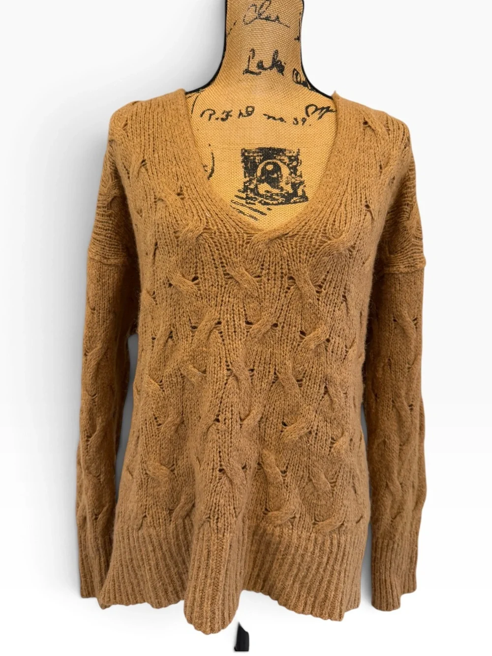 Free People June Cable V Sweater XS Brown Alpaca Wool Oversized Knit